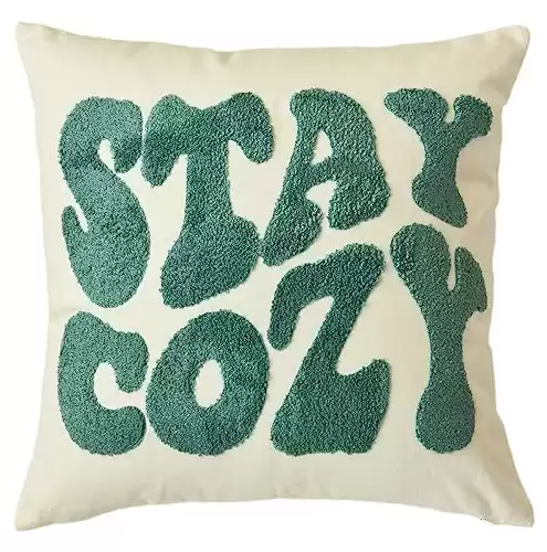 FAVDEC Embroidered Stay Cozy Decorative Throw Pillow Cover, Stay Cozy 18 Inches x 18 Inches Cover Only