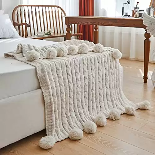 Chenille Chunky Knitted Throw Blanket with 14pcs Pom Poms Tassel Super Soft Cozy Warm Blanket for Sofa Bed Soft Couch 50 x60 inches (White)?-¡­