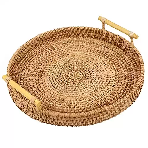 Gukasxi 11 inch Rattan Serving Tray with Handles, Rattan Round Basket Round Woven Organizer Basket Food Serving Baskets Tray Wicker Home Decorative Tray for Storage Bread Fruit Food Breakfast Snacks