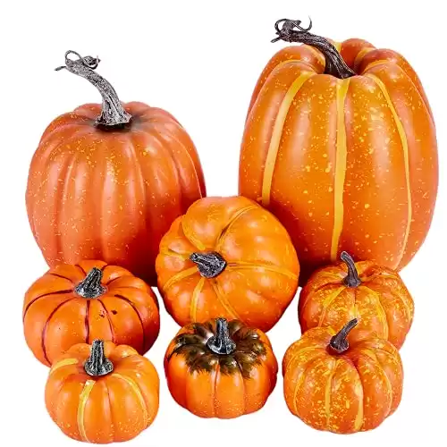 Artmag 8 Pcs Assorted Sizes Harvest Orange Artificial Pumpkins for Fall Halloween Thanksgiving Decorating Embellishing and Displaying