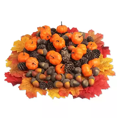 YiYa 150 PCS Thanksgiving Pine Cones Decoration with Mini Pumpkins Artificial Acorns Maple Leaves for Autumn Festive Party Thanksgiving Home Wedding Decor