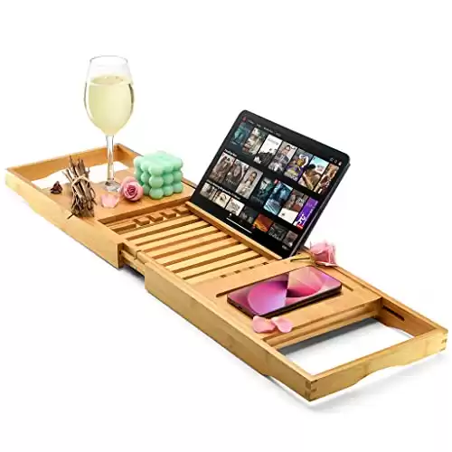 Luxury Bathtub Tray Caddy - Foldable Waterproof Bath Tray & Bath Caddy - Wooden Tub Organizer & Holder for Wine, Book, Soap, Phone Luxury Gift For Men & Women - Expandable Size, Fits Most ...