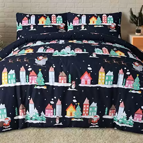 Sleepdown Santa Town Xmas Festive Navy Reversible Duvet Cover Quilt Bedding Set with Pillowcase Soft Easy Care Bed Linen - Single (135cm x 200cm), Multicolor, 5056557512669