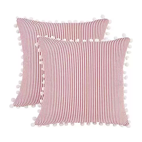 HOPLEE Christmas Decorative Pillow Covers Red Throw Pillow Covers Throw Pillow Covers Red and White Stripe Pillow Covers with Poms 18x18 Inches Set of 2