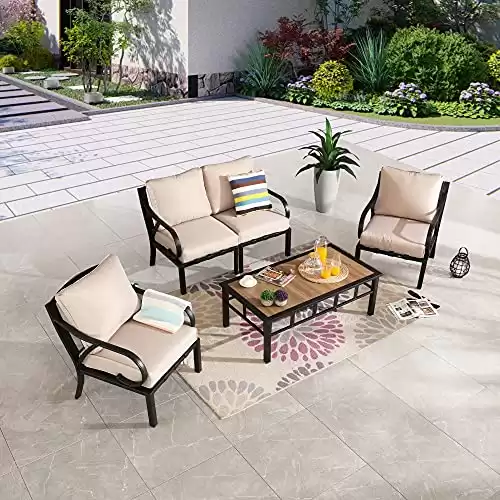LOKATSE HOME Patio Metal Conversation Set Outdoor 5 Pieces Sectional Sofa Furniture with Bistro Cushioned Chairs, Loveseat, Coffee Table for Lawn Backyard Poolside, Beige