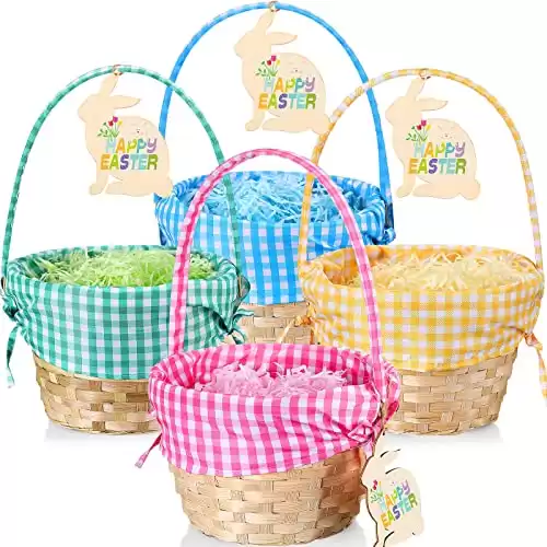 4 Pcs Easter Basket Picnic Basket Woven Basket with Handle Wooden Cute Baskets for Wood Basket Picnic Hamper Easter Eggs and Candy Basket with 4 Bags Lafite Grass 4 Pcs Rabbit Wood Chips (Plaid)