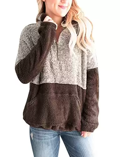 MEROKEETY Women's 2023 Winter Long Sleeve Contrast Color Zipper Sherpa Pile Pullover Tops Fleece Sweatshirt, Brown, L