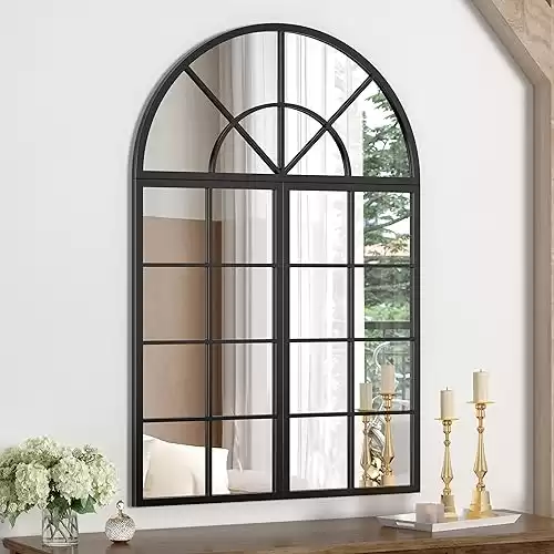 NXHOME Black Arched Window Finished Metal Mirror, 47.24×31.5" Set of 3pcs,Spliced Detachable Composable Wall Mirror Windowpane Decoration for Living Room Decorative