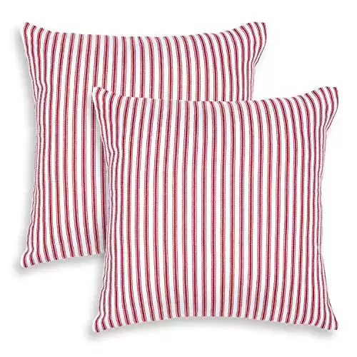 Cackleberry Home Red and White Ticking Stripe Woven Cotton Decorative Square Throw Pillow Case Covers 22 x 22 Inches, Set of 2
