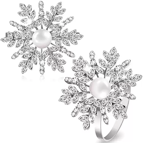 Snowflake Napkin Ring Napkin Holder Napkin Ring Buckle Rhinestone Pearl Metal Napkin Rings Holder Serviette Ring for Table Decor (Silver,12 Pieces)