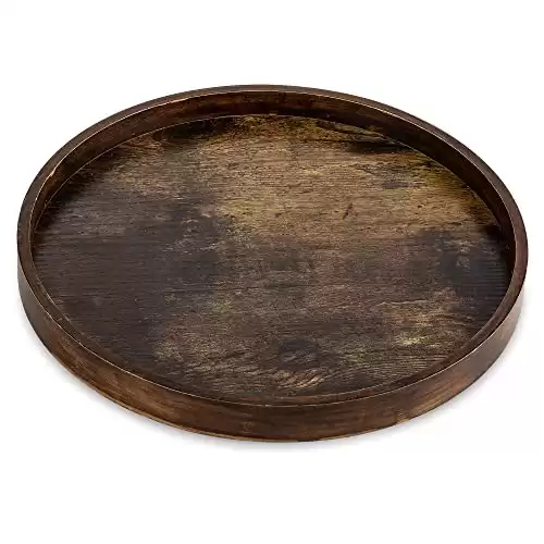 Hanobe Decorative Coffee Table Tray: Brown Wood Tray Round Rustic Wooden Trays Circle Farmhouse Centerpiece Candle Holder for Home Decor Ottoman Counter Display Living Room Organizer 12"