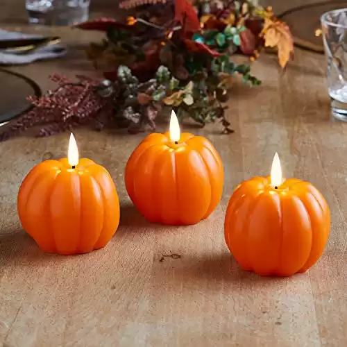 Lights4fun Set of 3 TruGlow® Autumn Halloween Pumpkin Decoration Flameless LED Candles Battery Operated with Timer