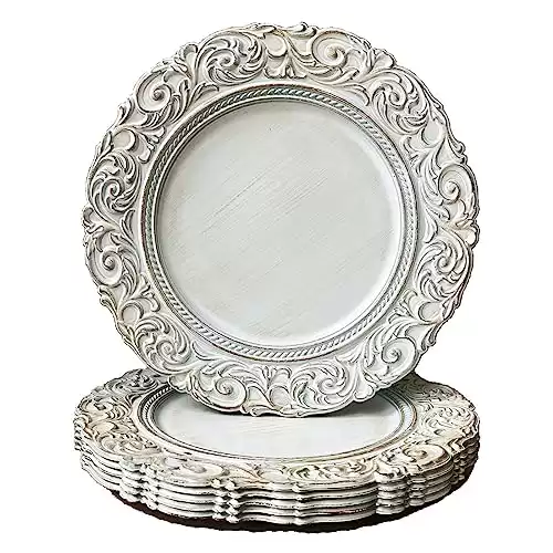 Umisriro Antique Charger Plates, 13 Inch White Dinner Plate Chargers Round Server Ware. Set of 6 Plastic Embossed Charger for Dinner, Party, Wedding, Elegant Tableware Decoration. (White)