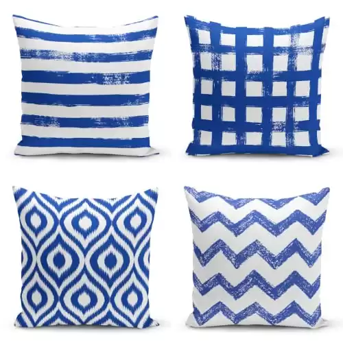 KAAXSA Throw Pillow Covers Decorative for Couch Cushion Bed Living Room Patio Outdoor and Farmhouse Modern Home Decor Set of 4 18x18 Inch Blue White Color