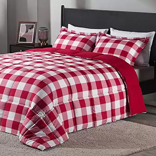 downluxe Lightweight Plaid Comforter Set (Queen) with 2 Pillow Shams - 3-Piece Set - Red/White Plaid - Down Alternative Reversible Comforter