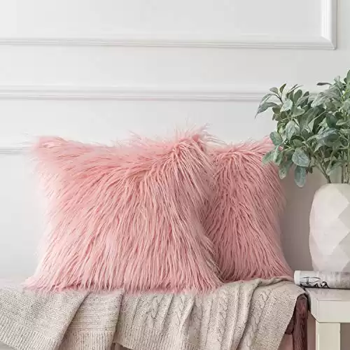 Ashler HOME DECO Pack of 2 Decorative Luxury Style Pink Faux Fur Throw Pillow Case Cushion Cover 18 x 18 Inches 45 x 45 cm