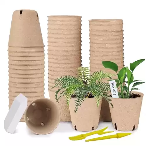 Doubleggs 50 Pack 3.15 Inch Peat Pots, Seed Starter Pots for Garden Nursery, Biodegradable Peat Pot Kits for Seedlings with 50 Plant Labels and 2 Transplant Tools