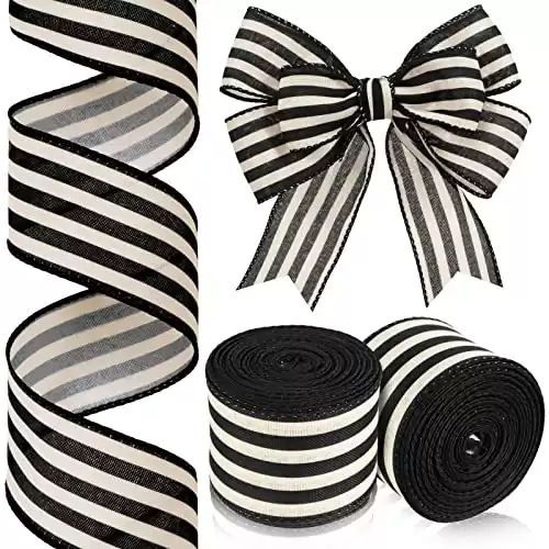 Moukeren 2 Rolls Black and Cream White Stripes Wired Edge Ribbon Rustic Ivory Ribbon Boho Black and White Ribbon for Gift Wrapping Bow DIY Crafts Wedding Home Decor(2 Inch Wide 20 Yard Total Long)