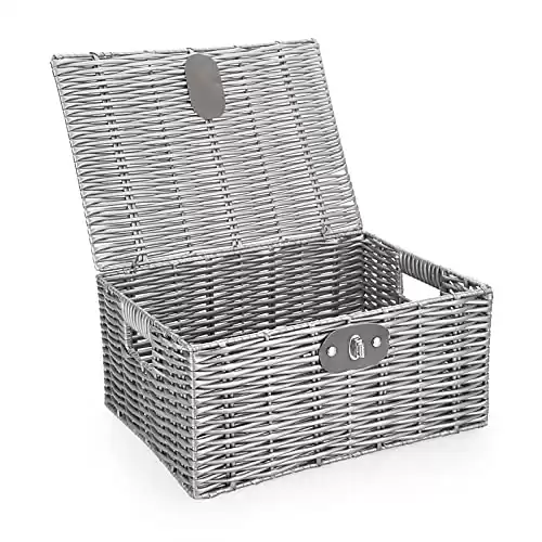 Hipiwe Wicker Storage Baskets Bin with Lid & Lock - Grey Woven Hamper Stackable Box for Shelf Organizing, Household Decorative Nesting Boxes for Clothes Toy Book, Medium