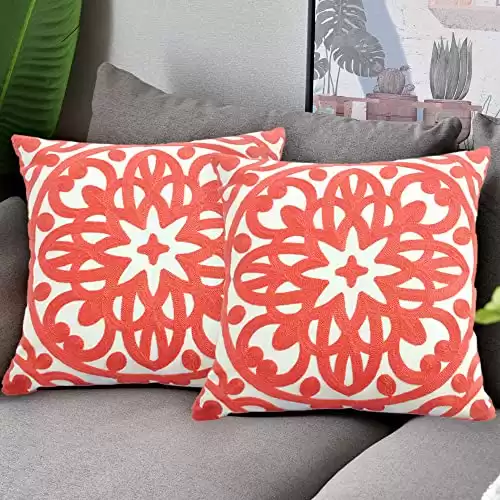 Alysheer Embroidered Decorative Throw Pillow Covers 18"x18" Set of 2pcs, Classic Boho Mandala Knit Pattern Cotton Canvas Cozy Cushion Cases for Sofa Couch Living Room (Coral Peach)
