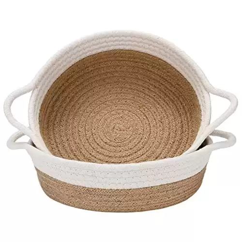 Sea Team 2-Pack Cotton Rope Baskets, 10 x 3 Inches Small Woven Storage Basket, Fabric Tray, Bowl, Round Open Dish for Fruits, Jewelry, Keys, Sewing Kits (Flaxen & White)