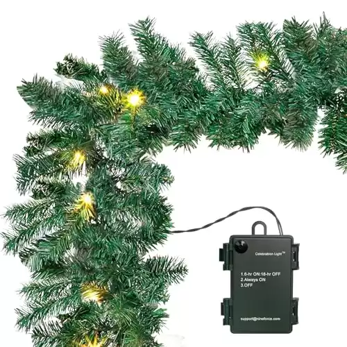 10Ft Pre-lit Christmas Garland with 50 LED Lights- Battery Operated String Light with Timer-Waterproof Lighted Outdoor Christmas Garland for Stairs Railing Mantle Fireplace Front Porch Decor-10 Foot