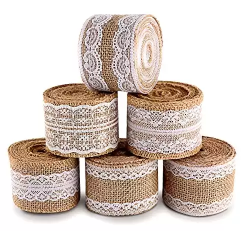 ilauke 6 Rolls Burlap Ribbon with White Lace Trims Tape, 20 Yards Lace Ribbon, Lace Burlap Wired Ribbon for Rustic Wedding Invitations, Bow, Wreath, DIY Crafts, Christmas Decorations