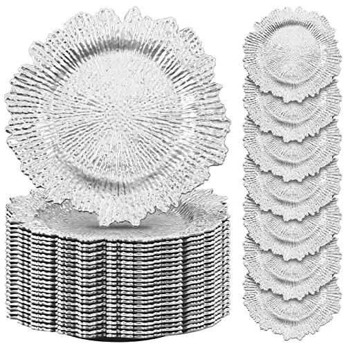 50 Pcs 13 Inch Charger Plates Bulk Plastic Plate Chargers with Floral Reef Design Round Ruffled Rim Dinner Charger Plates for Dinner Wedding Party Event Table Setting Decor (Silver)