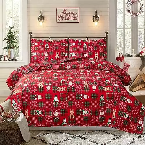 Kebury Christmas Quilt Set King Size Xmas Bedding Red Plaid Patchwork Quilts Reversible Christmas Bedspread Set Rustic Lodge Moose Coverlet Lightweight Quilt Holiday Xmas Snowman Elk Decor