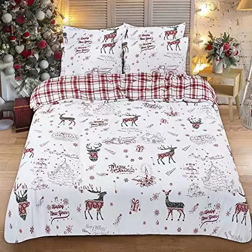 Lyacmy Christmas Duvet Cover Set Queen Reindeer Comforter Cover Set 3 Pcs Christmas Tree Bedding Cover White and Red Grid Quilt Cover with Zipper Closure(1 Duvet Cover, 2 Pillow Shams)
