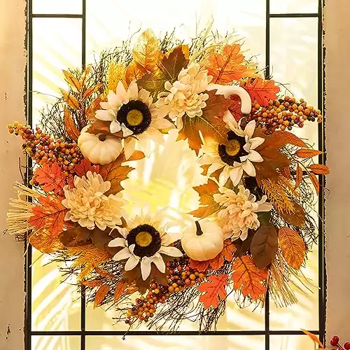 Fall Wreaths for Front Door Decor - Walasis 20 Inch Thanksgiving Wreath with Maple Leaves White Pumpkin Daisy Sunflower Wreath Autumn Harvest Decorations for Table Front Porch