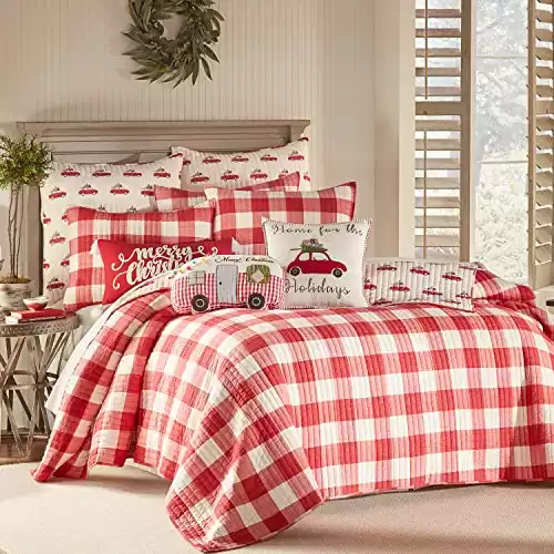 Levtex Home - Road Trip Quilt Set - Full/Queen Holiday Quilt 88x92 and Two Standard Shams 20x26 - Festive Christmas Farmhouse - Buffalo Check Red and White - Reversible