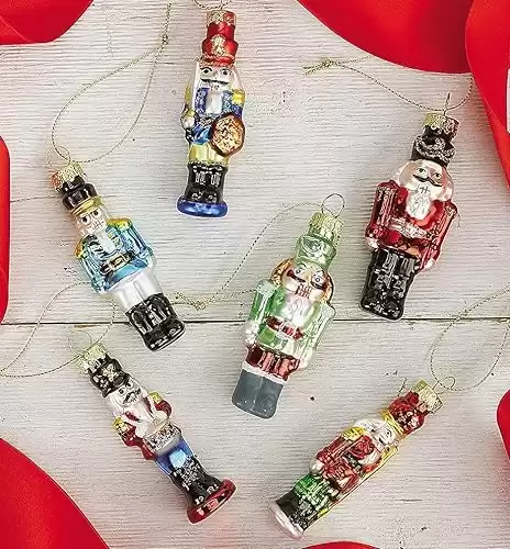 Lillian Vernon Glass Nutcracker Christmas Ornaments - Set of 6, 6 Designs, Hand Blown, Mini Tree Decorations, Festive Home Decor,