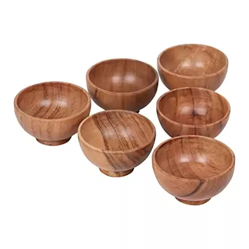 LAVAUX DESIGNS Set of 6 Acacia wood small bowls, 4 fl oz 3.25 * 2 inches | Hand carved wooden Kitchen Mini Cups for Dips, Sauce, Nuts, Prep, Spice & Condiments | Charcuterie Accessories