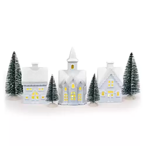 Mark Feldstein & Associates Village with Trees White Unglazed Porcelain Christmas Figurines, 7 Piece Set, 5 Inch