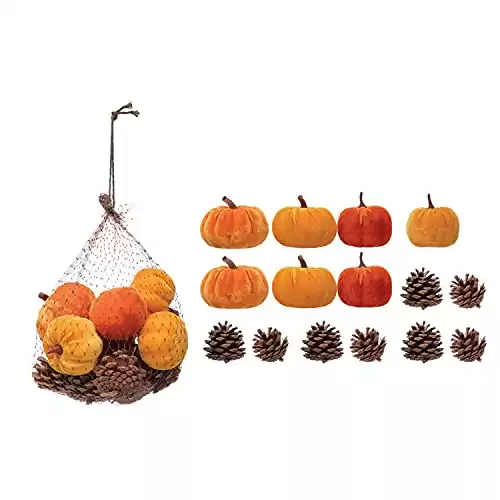 One Holiday Way 3.75-Inch and 2.25-Inch Orange and Yellow Velvet Pumpkins with Fall Pinecones, Set of 16 - Rustic Tabletop Thanksgiving Autumn Decorations - Country Harvest Bowl Filler Home Decor
