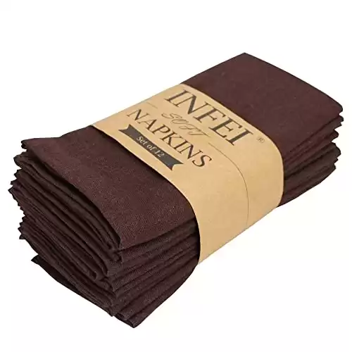 INFEI Solid Color Cotton Linen Blended Thin Dinner Cloth Napkins - Set of 12 (40 x 40 cm) - For Events & Home Use (Dark Coffee)