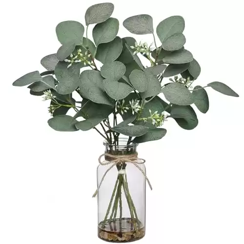 FOTEEWL 15" Artificial Eucalyptus Stems in Glass Vase with Faux Water Contains Small Stones,Fake Plant Greenery for Centerpiece Table Decorations Office Farmhouse Bathroom Kitchen Home Decor (Gre...