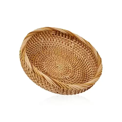 Whalehub Natural Rattan Round Fruit Basket Bowls, Hand Woven Decor Serving Baskets, Wicker Storage for Dinning Room (Round-Small)