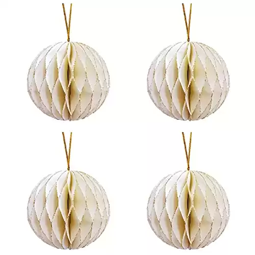 ZRSWV 4 PCS Glitters Small Paper Honeycombs Hanging Decorative Balls Paper Lantern Christmas Tree Ornaments for Holiday Party Xmas Decor, White