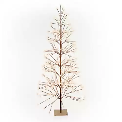 Alpine Corporation 71" H Indoor/Outdoor Artificial Flocked Christmas Tree with White LED Lights, Brown