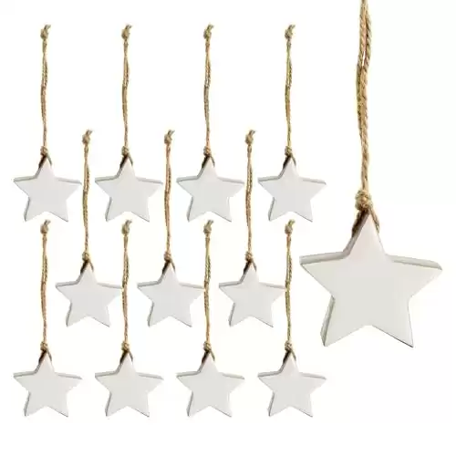 AuldHome Farmhouse Star Ornaments (12-Pack, White); Wood with White Enamel 2-Inch Star Christmas Decorations, Retro Vintage Enamelware Style