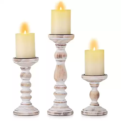 Inweder Wooden Candle Holders Pillar – 3Pcs Wood Candlestick Holders Rustic Pillar Candle Holder Set Distressed White Shabby Chic Tealight Holders for Wedding Centrepieces Farmhouse Home Room De...