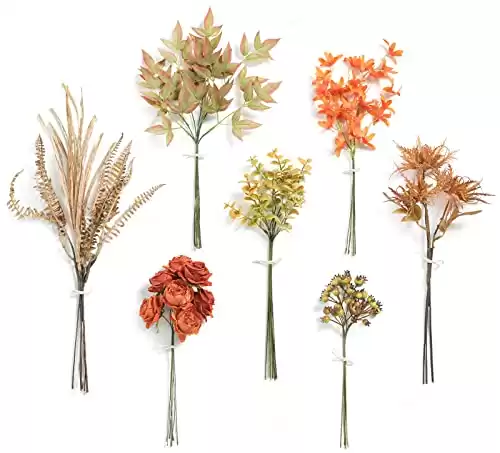 Serra Flora Artificial Greenery Stems Box Set,(Pack of 44pcs) with 7 Kinds of Faux Greenery Picks Filler for DIY Bridal Bouquets Wedding Floral Arrangement Table Centerpieces(Autumn Orange)