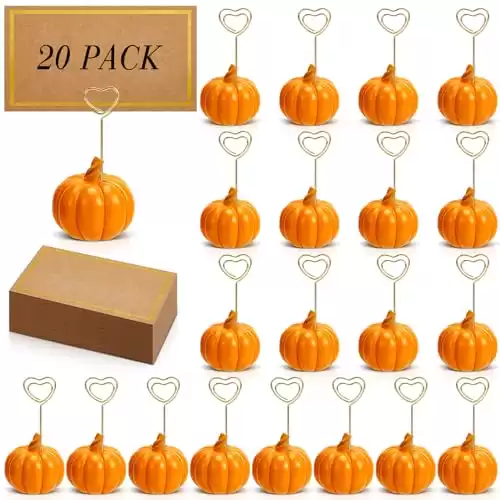 Qeeenar 20 Pcs Fall Pumpkin Place Card Holders 20 Pcs Paper Place Cards for Table Setting, Resin Pumpkin Table Number Holder Table Name Place Cards for Wedding Thanksgiving Halloween (Orange)
