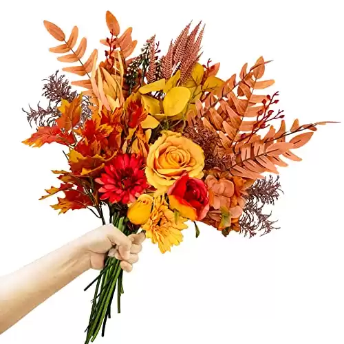 Ruidazon Artificial Fall Flowers Bouquets, 21.6” Autumn Fake Silk Orange Flowers Wedding Bouquets with Fall Florals Stems for Bridal Bridesmaid, Rustic Home Thanksgiving Table Centerpiece Decor