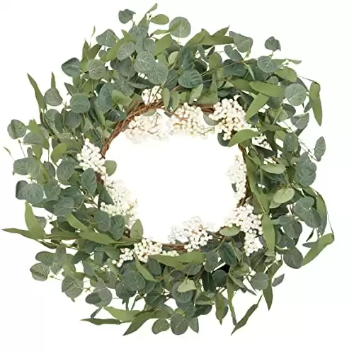 CiCiwind 19'' Artificial Eucalyptus Wreath for Front Door Spring Wreath with White Berries Green Leaf Wreath for Farmhouse Window Front Patio Garden Decoration