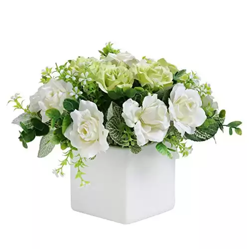 MyGift Artificial White Rose, Fake Flower Bouquet Arrangement in Square White Ceramic Vase Planter Pot