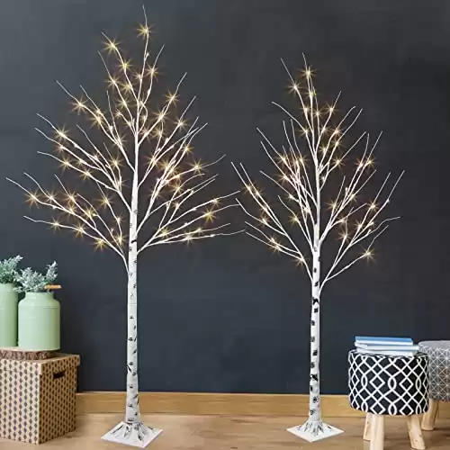 PEIDUO Set of 2 Lighted Birch Tree, Prelit Christmas Tree Warm White Lights, Artificial Twig Tree with Dimmable & Timer Function, LED Tree for Outdoor Indoor Yard Xmas Decor, Plug in, 5FT 6FT