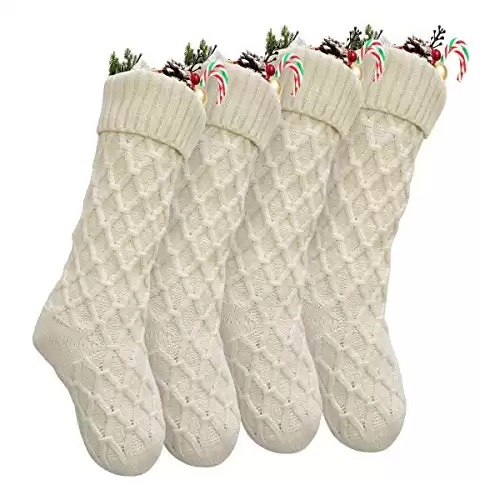 Vanteriam Pack 4 Christmas Stockings, 18'' Unique Ivory White Knit Christmas Stockings for Xmas Decorations, Set of 4